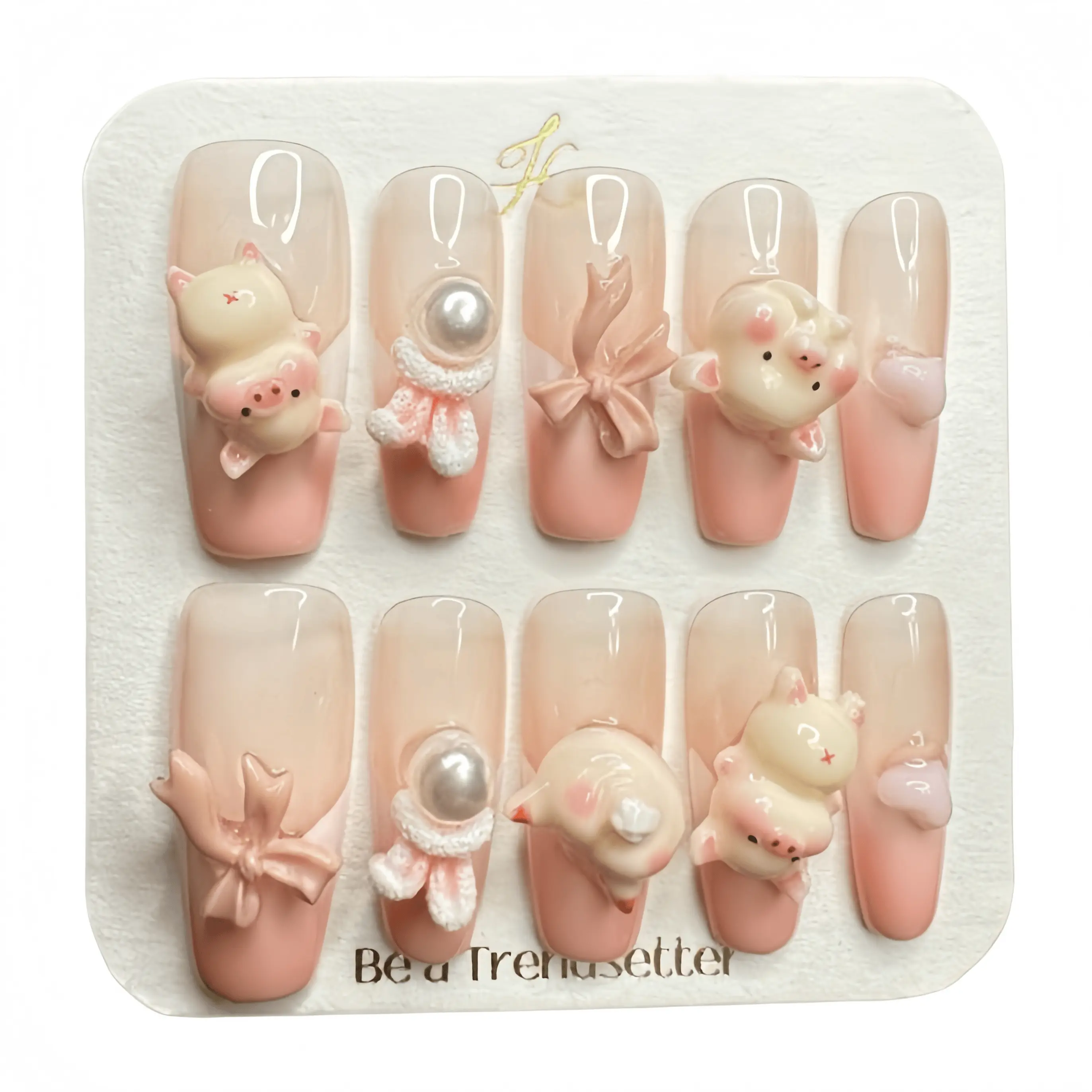 E48 Reusable Press-On Nails, Long Peach Pink Piglet Design | acrylic press-on| fake nails | high quality 10 pcs|reusable nails|nail art|nail charm | Salon-Quality, Long-Lastinghigh qualityHoliday Nail Art for Everyday Wear or Gift