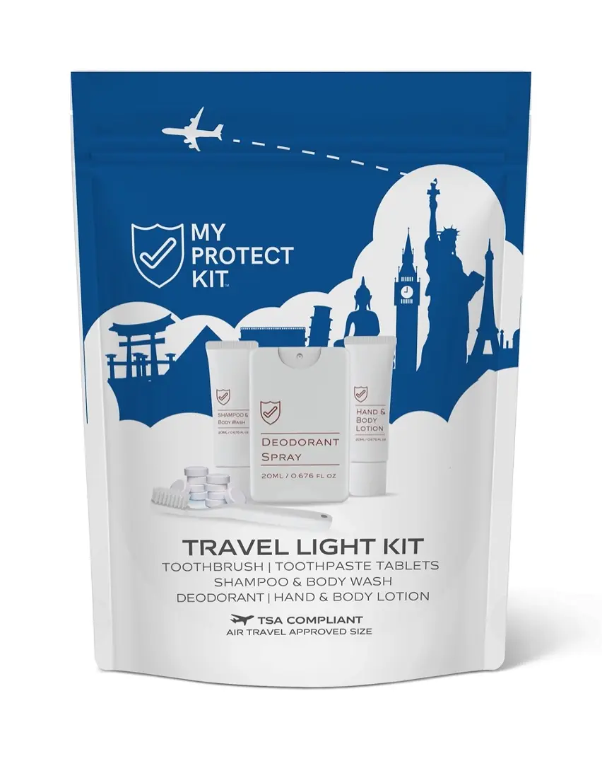MY PROTECT KIT Travel Light Kit - TSA Approved Toiletries Set with 14 Mess-Free Toothpaste Tablets, Deodorant Spray, Shampoo & Body Wash, and Hand & Body Lotion