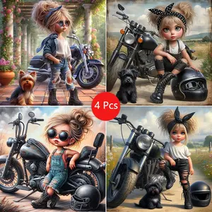 4pcs Cool Motorcycle Girl Diamond Painting DIY Kit, Adult Art Craft Set, Handicraft, Beginner Home Decor, Full Drill Round Diamonds, Wall Decoration