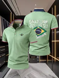 Men's Contrast Collar Polo Shirt, Classical Brazilian Jiu-Jitsu Flag Print, Slim-Fitting Golf Ball Jersey, Stylish Casual Wear