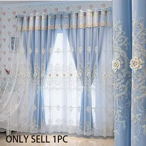 French Romantic Double Layer Embroidered Curtains, High Light Blocking Bedroom Living Room Balcony Drapes, Elegant Two-Tier Sheer Curtain