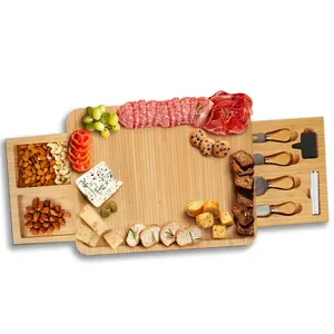 Cheese Board Gift Set - Large Bamboo Cheese Serving Platter Board with Two Slide-Out Drawers, Knives, Markers, and Chalk Pens - Ideal for Christmas, Weddings & Birthday Gift