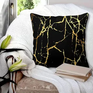 Black Gold Marble Print Throw Pillow with Insert, 45cm Square Zipper Closure, Black Background with Gold Cracked Lines, Soft Polyester Fiber, Bedroom Sofa Cushion, Cool and Elegant Luxury Home Decor