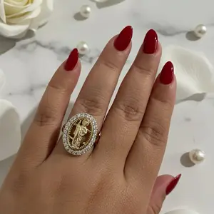 Elegant Gold Plated Ring with Detailed Religious Icon and Sparkling CZs for Women's Fashion