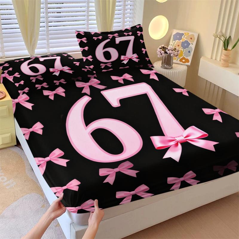 Creative pattern printed bedsheet with number 67 and bow tie, soft and comfortable 3D digital printed bedding, Bed Sheets Set, anti slip dust cover suitable for bedroom decoration, including 1 bedsheet and 2 pillowcases