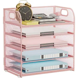 5 Tier Paper Organizer for Desk, Desk File Organizer with Handle, Mesh Letter Tray, Paper Sorter Desk Organizer for Office Home Supplies - Pink