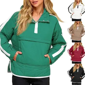 Imily Bela Womens Puffer Pullover Jacket Winter Quilted Hoodies Contrast Trim Hooded Puffy Coat Outerwear with Pockets