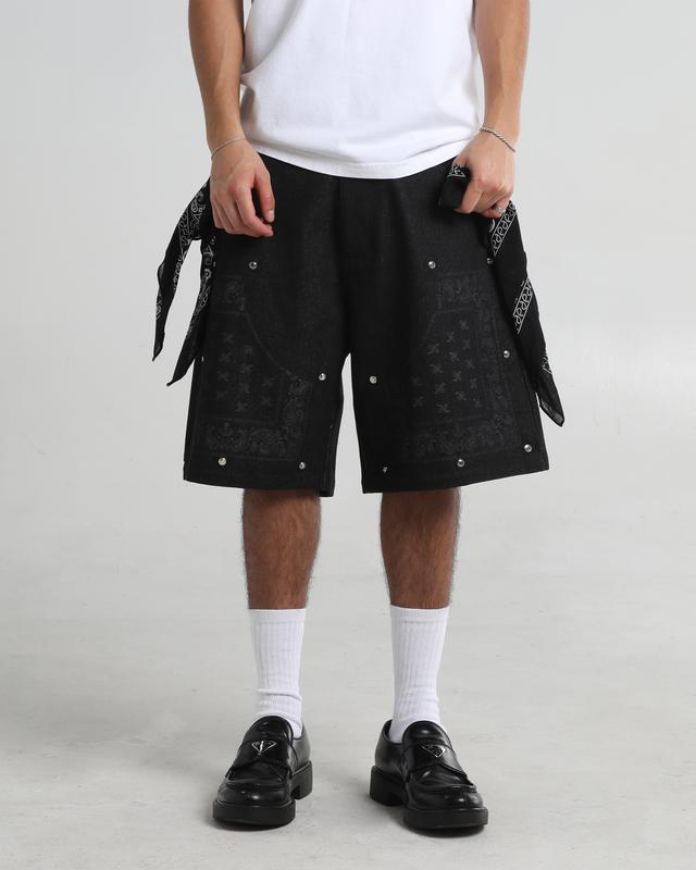 Double Knee Paisley Denim Shorts