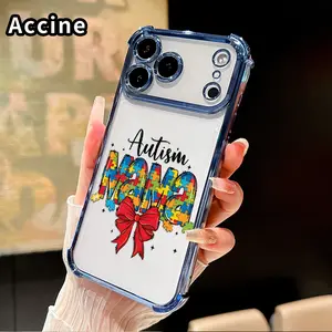 Phone Case for iPhone 17 16 Pro Max 15 Plus 14 13 12 11 E Air Autism Mama Bow Four Corners Air Cushion Pattern Anti-drop Cell Electroplated Transparent Silicone Cover