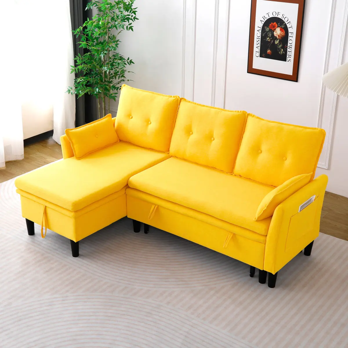 L-Shaped Reversible Chaise Sectional Sofa - Cotton-Linen Upholstery, Sponge & Foam Cushions, Plastic/Black Hardware, Solid Wood + Artificial Board Frame, 78.4in*51.2in*35.4in, 130.51lbs, Storage, Yellow, Assembly Required, Bedroom & Office Use, Modern, Bu