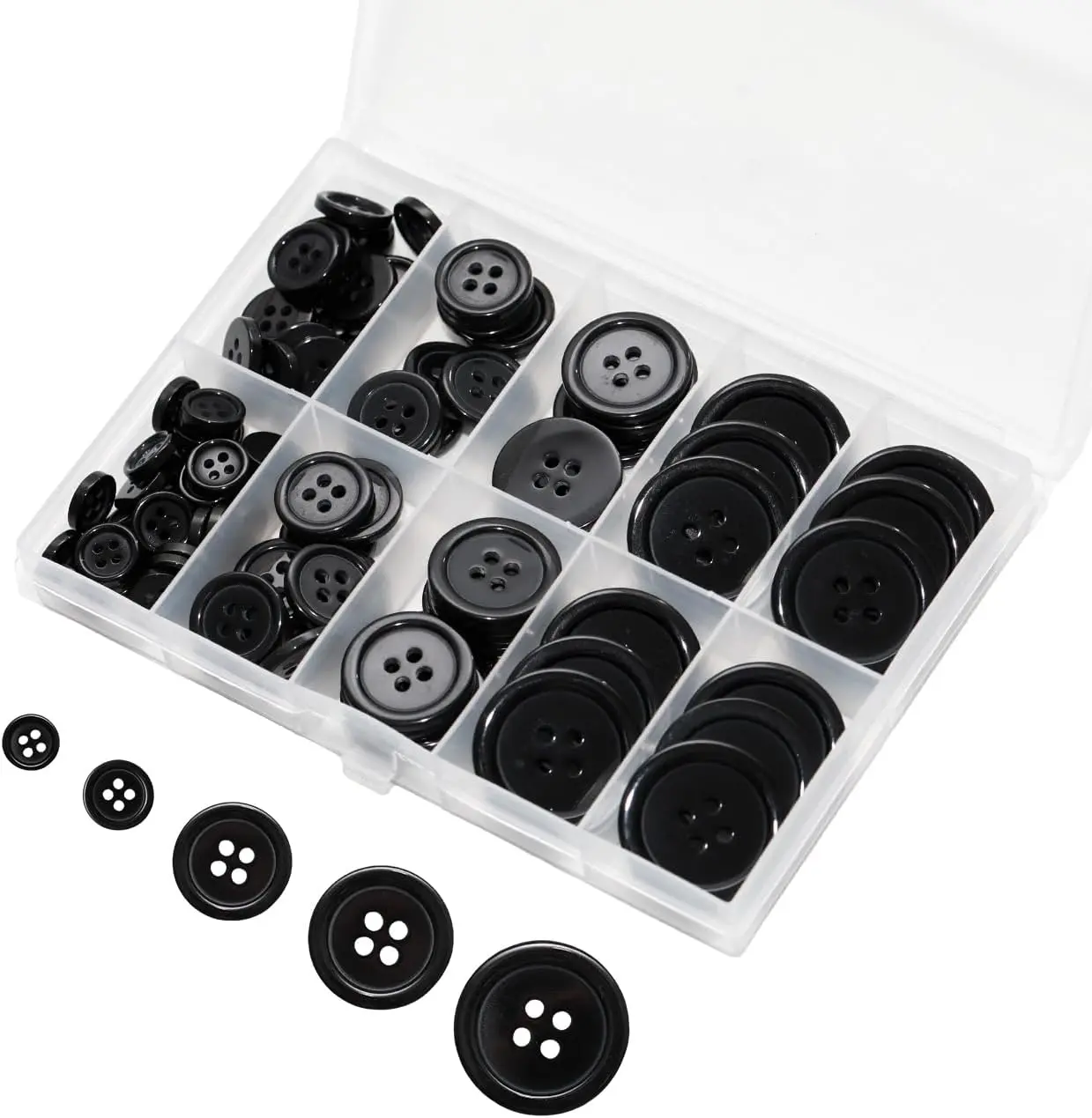 100 pcs Black Buttons for Crafts, 5 Sizes Mixed Round Sewing Buttons for Clothes, Suitable for for DIY Crafts, Coats, Shirts, Pants, Shorts
