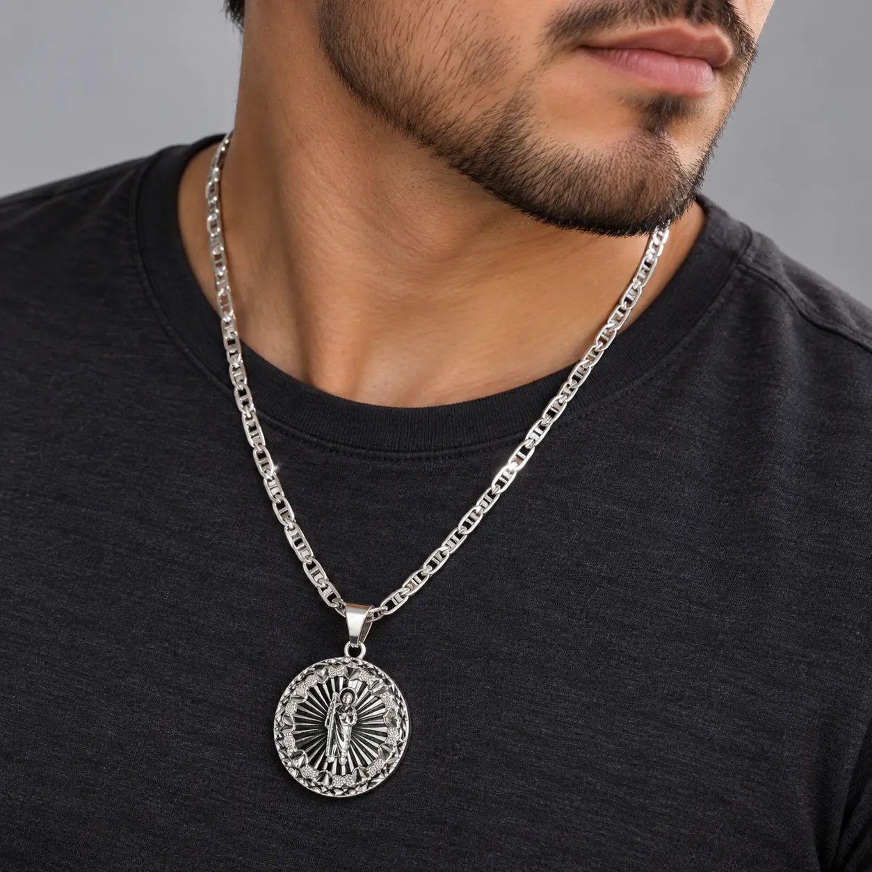 Men’s 4mm Flat Mariner Chain Necklace with St. Jude Medal, 24  S925 Silver Plated Inch, Mirror Finish