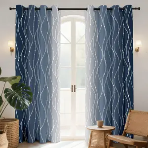 2-panels Graduated Blue Silver Foil Abstract Geometric Blackout Curtains, 84 Inch Long Drapes for Bedroom & Living Room, Contemporary Style