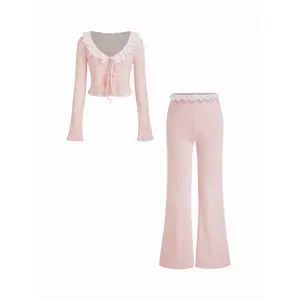 Cider 100% Cotton V-neck Pointelle Tie Front Top & High Rise Lace Trim Bowknot Flare Trousers Loungewear Set