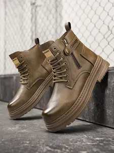 Unisex Durable Anti-Slip Work Boots: Anti-Slip Lug Sole, Wear-Resistant Shiny Leather, Reinforced Eyelets. For Hiking/Short Trips