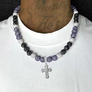 Iced Bling Disco Ball Rhinestone Pollyanna Crystal Bead Baseball Softball Necklace Purple, Black + Cross Pendant