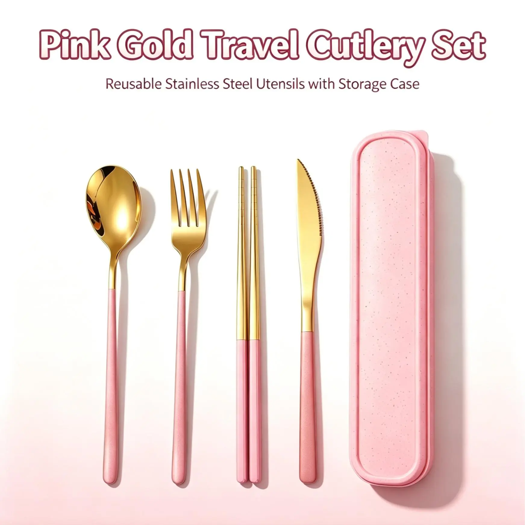Rose Gold 2-Tone 4-Piece Stainless Steel Cutlery Set - Eco-Friendly, Rustproof Travel Tableware with Storage Box, Spoons, Forks, Knives, Chopsticks for School, Office Workers dining，Back to School Holiday Gift, Travel Student Utensils with Case