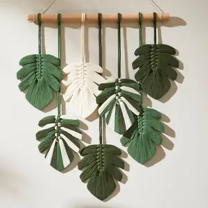 Curia Botanical Wall Decor, Green Monstera Leaf Wall Art, Handmade Cotton Fiber Wall Hanging for Bedroom, Living Room, Entryway, Boho Home Accent, 14" x 18"