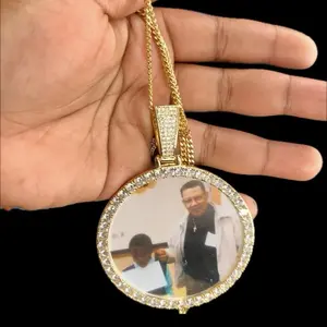 [ICE HUE] XL Large Custom Photo Pendant Necklace 18K Gold Plated Copper 5A Zircon Personalized Jewelry with 24-inch Matelasse Chain for Women Men Luxury Daily Wear Gift Idea