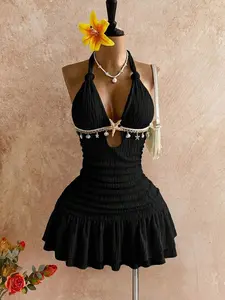ARTYOTI White Halter Twist Bodycon Mini Dress, Metal Accessories, Shell Decor, Beach Resort Vacation, Summer Outfit ,Summer Dress,Beach Vacation Outfits For Women