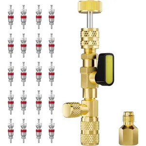 Valve core disassembler installation tool, with dual-sized SAE 1/4 and 5/16 port brass adapters, Schrader valve tool, suitable for R22 R410a refrigerant systems, with 20 valve cores