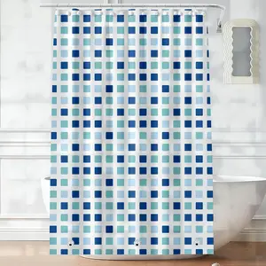 Plastic Shower Liner - Premium PEVA 4G Shower Curtain Liner with Rustproof Grommets and 3 Weighted Magnets, Waterproof Shower Curtains for Bathroom (Blue-Green Square)
