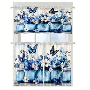 SoftHaven 3-Piece USA-Made Kitchen Curtain Set, Blue Bottle Floral & Butterfly Print, Rod Pocket Design, 100% Polyester, Elegant Window Drapes, Curtains for Living Room, Ideal for Kitchen Decor