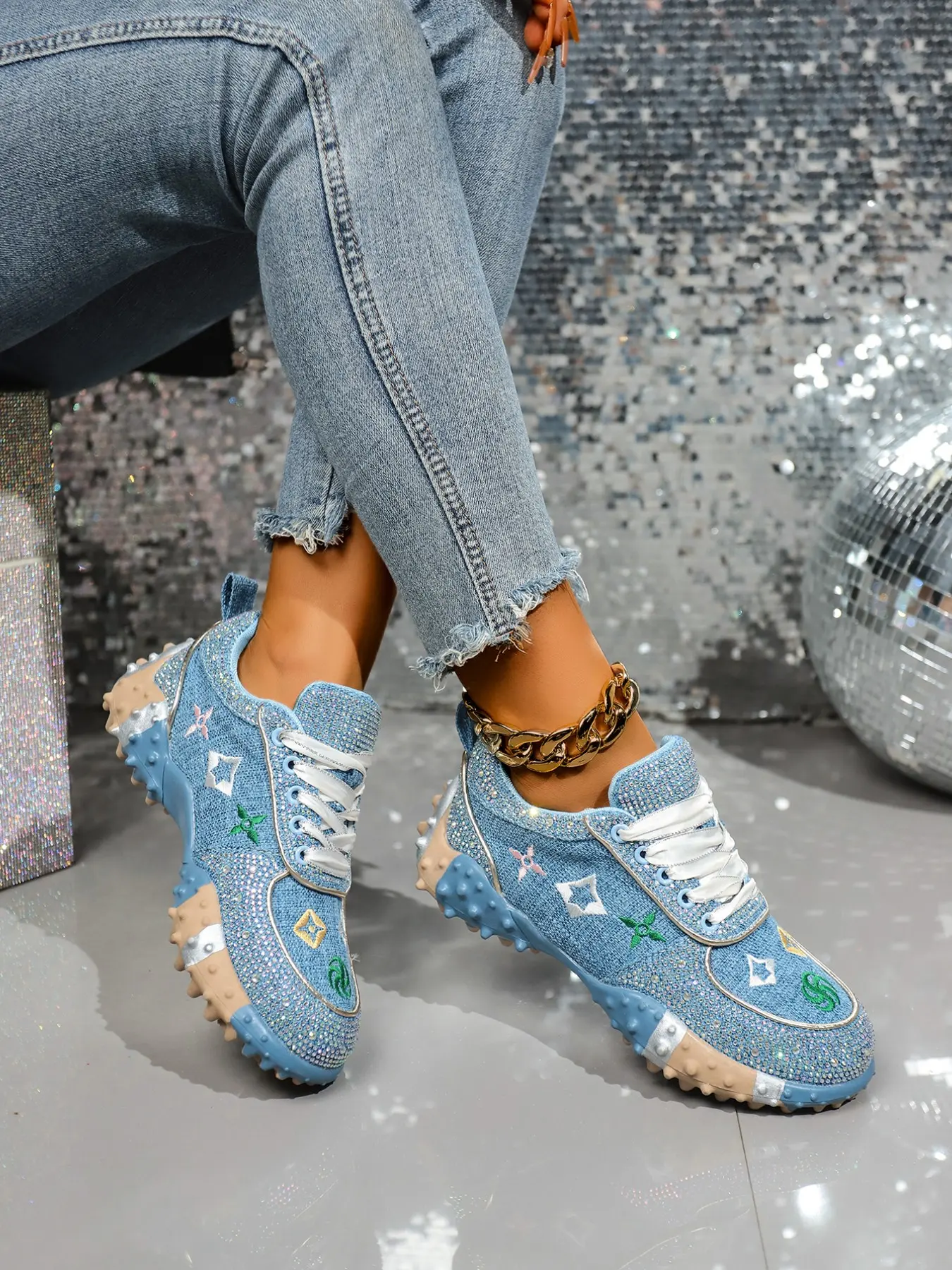 Women's Large Size Low Top Sports Casual Shoes, Trendy Rhinestone Patchwork Thick Sole Dad Sneakers, Versatile Breathable Footwear, Patchwork Design Sneakers