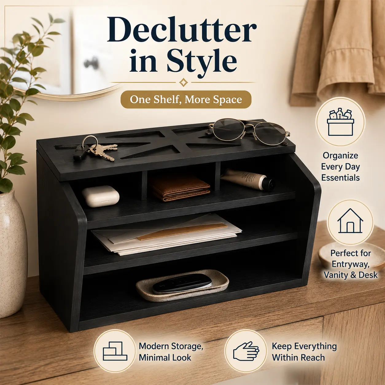 3-Tier Desktop Organizer Shelf with Top Storage Tray, Multi-Compartment Countertop Storage Rack for Vanity, Entryway, Office and Home, Black