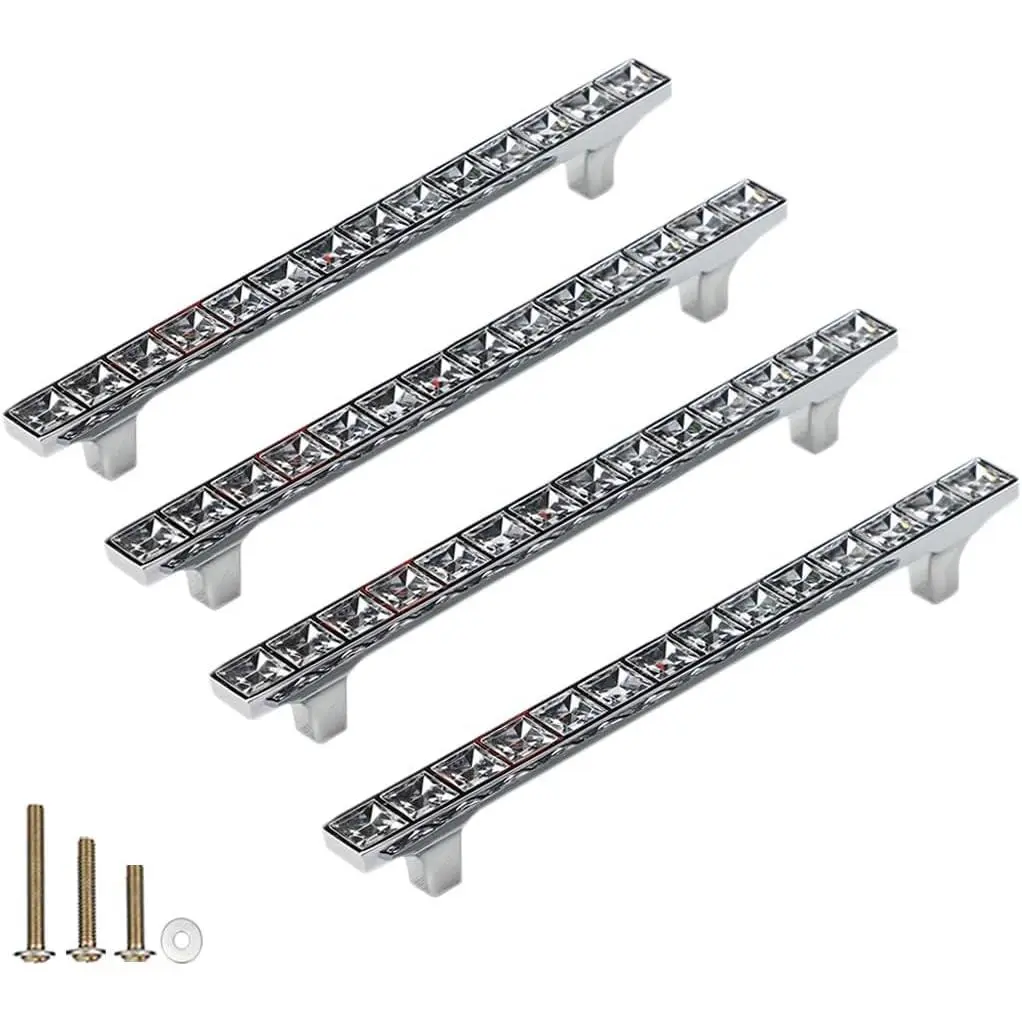 4 Pack Crystal Glass Rhinestone Cabinet Pulls Knobs Handles,Modern Decorated Shiny Dresser Drawer Konbs Pulls Handles for Cupboard Wardrobe Dresser Doors (4 Pack, 5" Hole Centers)