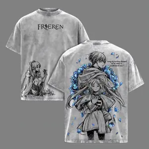 Frieren x Himmel Tee Washed – Frieren: Beyond Journey’s End Vintage Washed Heavy Cotton Oversized Anime Manga T-Shirt & Hoodie, Double Printed Retro Unisex Streetwear Graphic Top, Love After the Journey Fantasy Edition, Men's Vacation Wear T-shirt, Unisex