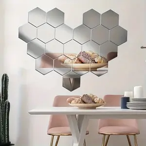 New 12/24pcs DIY Silvery Mirror Hexagon Soft Mirror Acrylic Mirror Wall Sticker Full Body Mirror Sticker Bathroom Living Room Bedroom Decoration Creative Design Extra Large Size Glossy Tiles Sticker