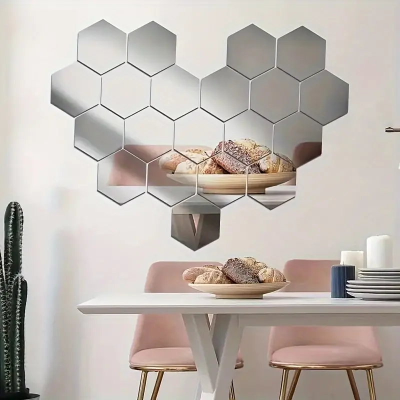 New 12/24pcs DIY Silvery Mirror Hexagon Soft Mirror Acrylic Mirror Wall Sticker Full Body Mirror Sticker Bathroom Living Room Bedroom Decoration Creative Design Extra Large Size Glossy Tiles Sticker