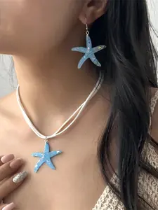 2pcsWomen's Boho Style Alloy Necklace & Earring Set, Summer Fashion Gradient Starfish Design, All-Season Accessory