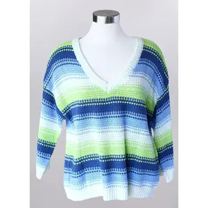 Keren Hart Blue & Lime Striped V-neck Knit Sweater