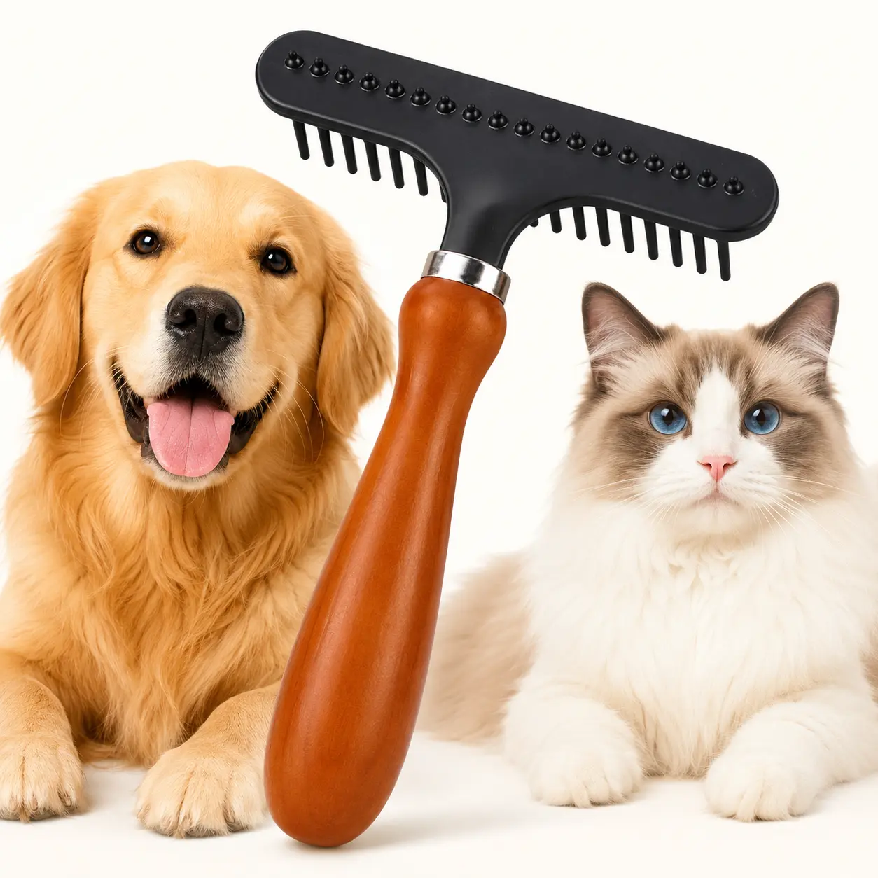 Pet Undercoat Grooming Rake for Dogs & Cats - Wide Metal Pin Deshedding Tool with Wooden Handle for Long, Thick, Double Coats
