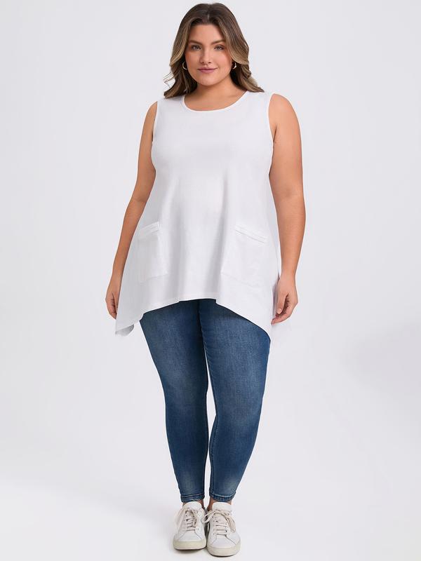 GRACE & GRANDEUR Plus Size Women Scoop Neck Sleeveless Hanky Asymmetrical Hem Top Casual Loose Fit Flowy Tank Tops with Pockets White