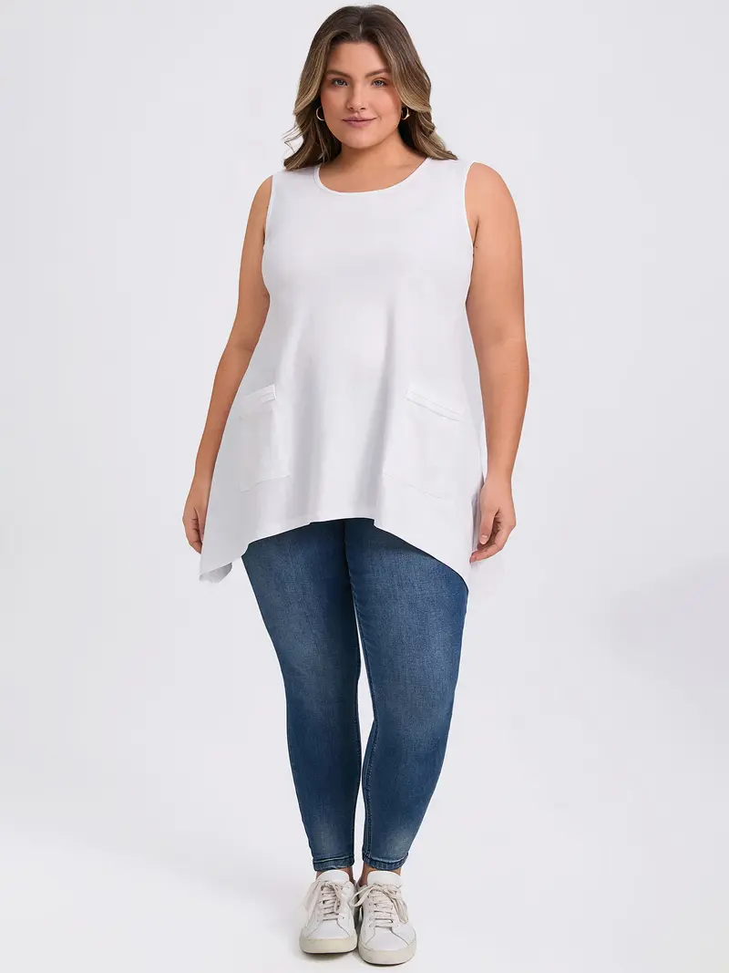 GRACE & GRANDEUR Plus Size Women Scoop Neck Sleeveless Hanky Asymmetrical Hem Top Casual Loose Fit Flowy Tank Tops with Pockets White