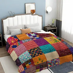 Colorful Patchwork Pattern Quilt, Soft Comfortable Warm Throw Blanket, Bedding Supplies for Home Office Travel, Perfect Gifts, Soft Cozy Blanket