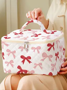 Bow Pattern Makeup Bag, Large Capacity Travel Toiletry Bag, Portable Travel Makeup Bag, Zipper Makeup Organizer Pouch, Versatile Storage Bag, Handheld Cosmetic Pouch