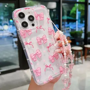 Bowknot Pattern Phone Case with Beaded Chain, Cute Decorative Phone Protector Cover, Phone Accessories Compatible with iPhone 15 14 13 12 11 XR Series
