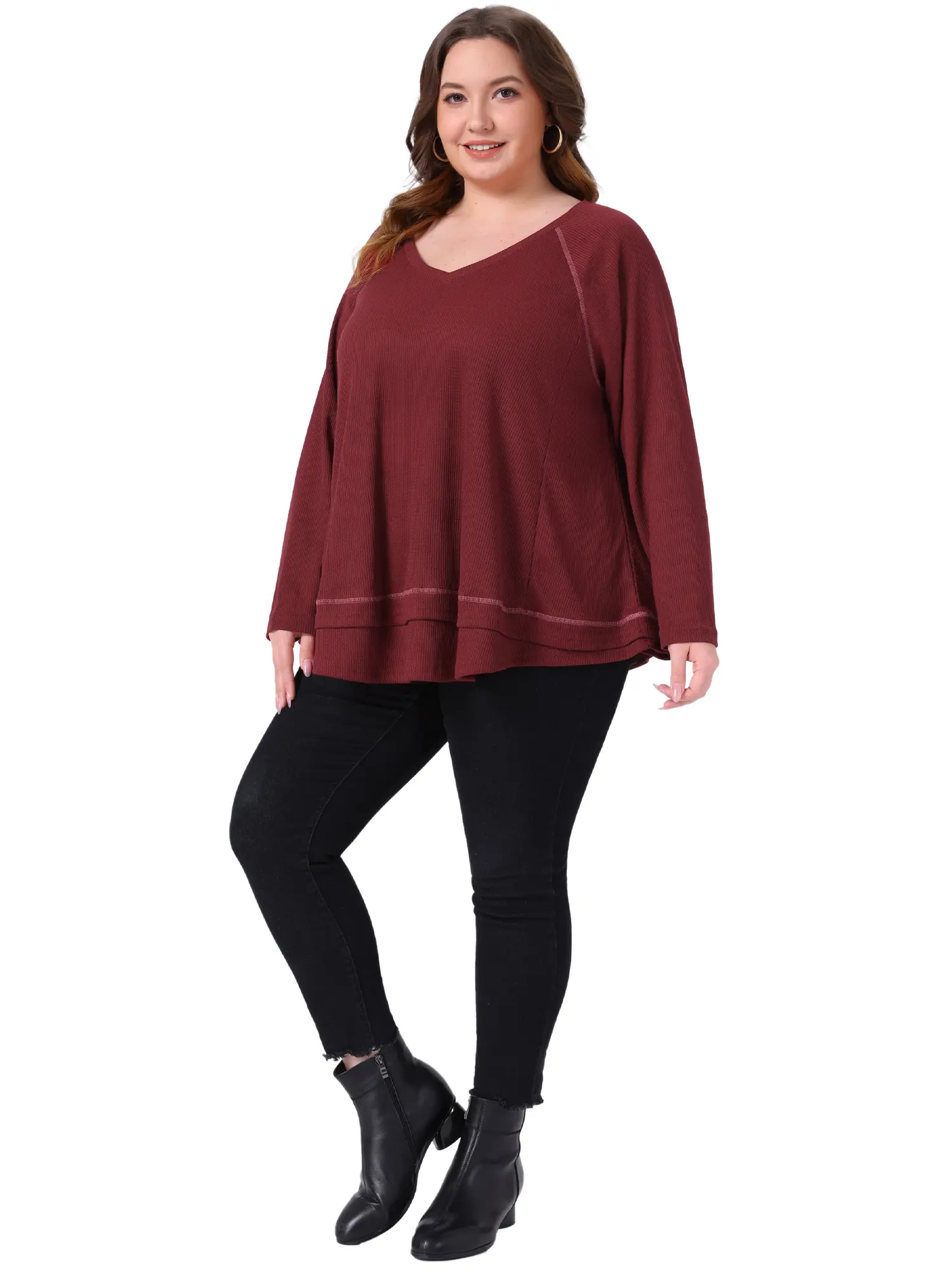Agnes Orinda Women's Plus Size Waffle Knitted Top V Neck Long Sleeve Patchwork Hem Pullover Knit Sweater Blouses