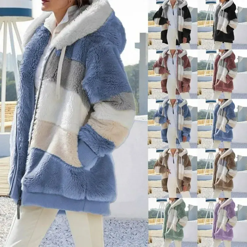 Women's Oversized Plush Hooded Jacket - Warm Winter Streetwear Coat with Pockets, Long Sleeve, Blue, Casual Fit, Everyday Outerwear, Stylish & Functional