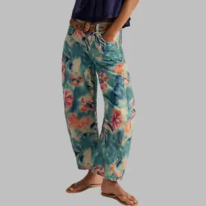 Women's Printed Wide-Leg Jeans  Loose Mid-Rise Jeans in Soft Pink with Boho Floral Pattern Casual Denim Trousers