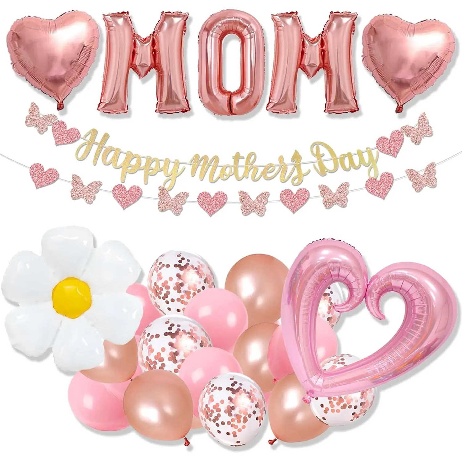 31PCS Mother's Day Party Decoration Set with Daisy Accents, 40in Heart Balloons, Rose Gold MOM Balloons, Banner, Butterfly Heart Garland, Photo-Ready Festive Home Supplies, Balloon Decor, Pink Confetti