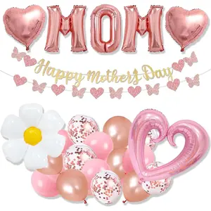 Mothers Day Decorations,31PCS Happy Mothers Day Decorations for Party Included 40Inches Heart Balloons, Rose Gold MOM Balloons,Banner,Butterfly Heart Garland