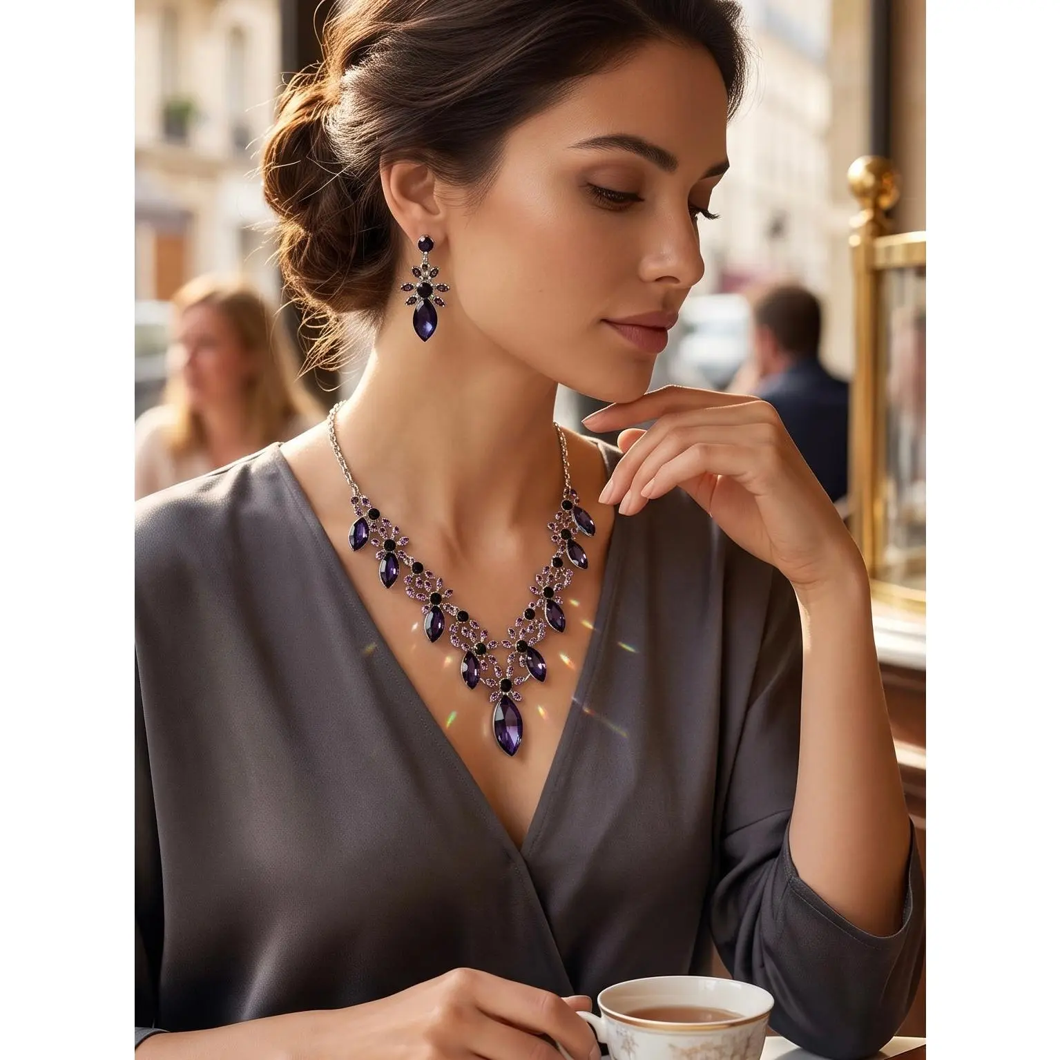 Silver-Plated Purple Crystal Necklace & Earrings Set | Elegant Statement Jewelry 072