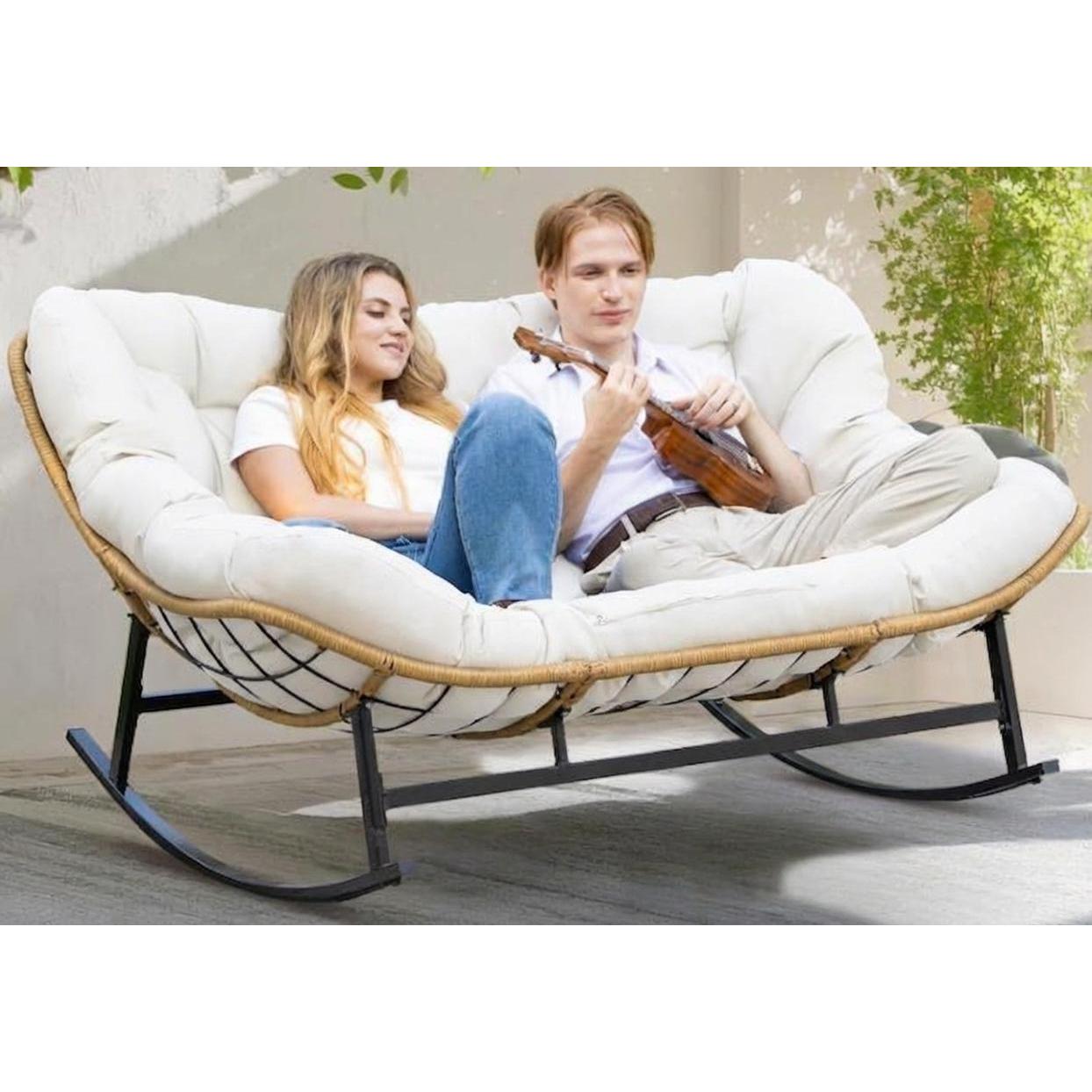 Egg Chair Oversized Rattan Rocking Chair Outdoor Rocking Chair, Oversized Patio Wicker Egg Chair with Thick and Removable Cushion, Metal Frame, Rattan Comfy Rocking Lounge Chairs for Living Room, Balcony & Yard