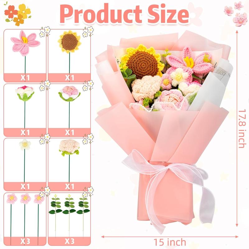 Crochet Flower Bouquet Kit 12 PCS Pink Handmade Knitted Fake Sunflower Rose Daisy for Christmas Mother's Day Birthday Wedding Home Decor Gifts