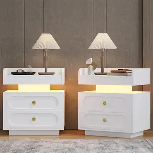 LED Nightstand Set (2PCS), Modern White/Black Bedside Tables with Charging Station + 2 Drawers, End Table for Bedroom